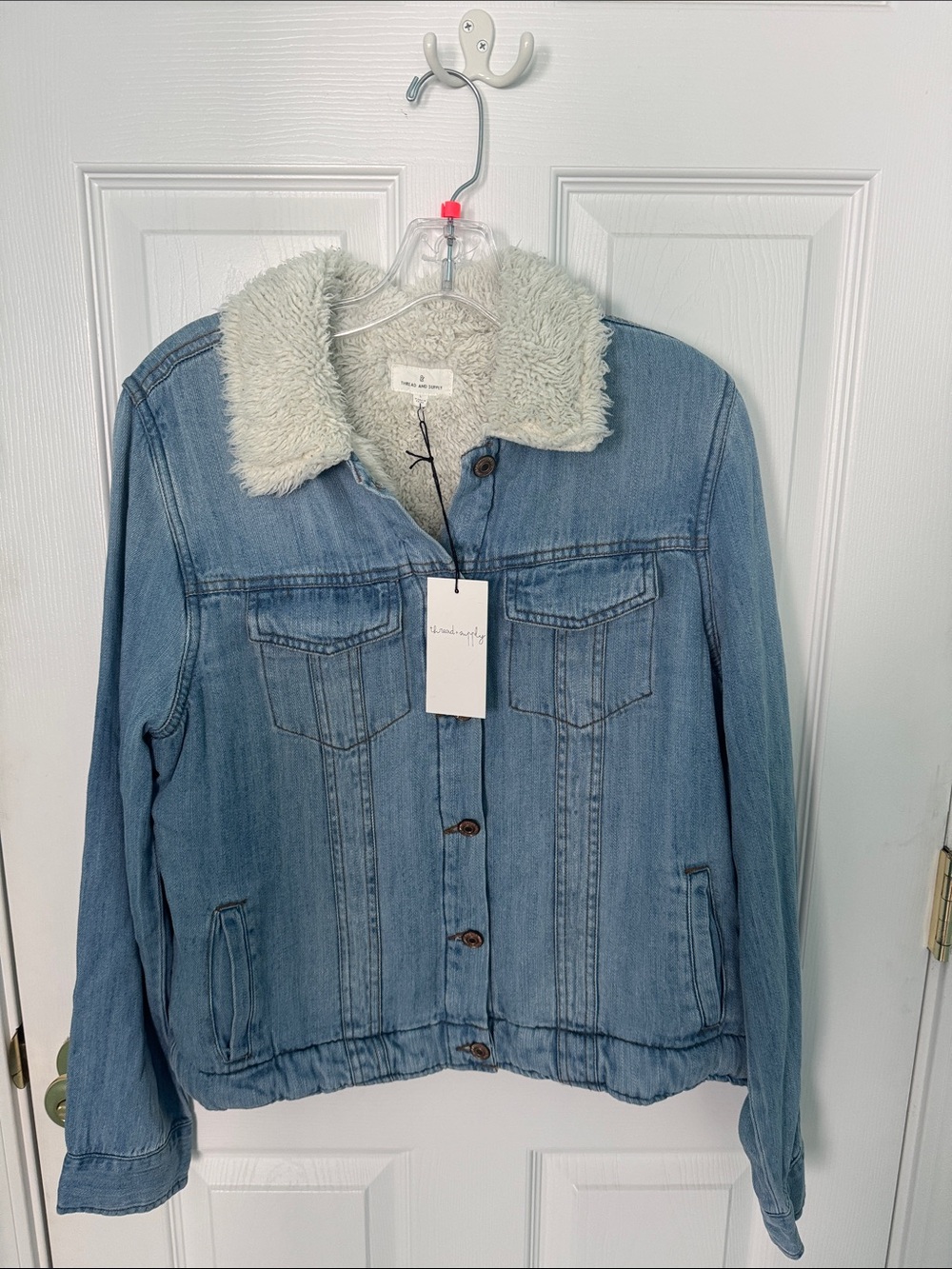 NWT! Thread and supply Women’s Light Blue Sherpa Collar and inside Denim Jacket